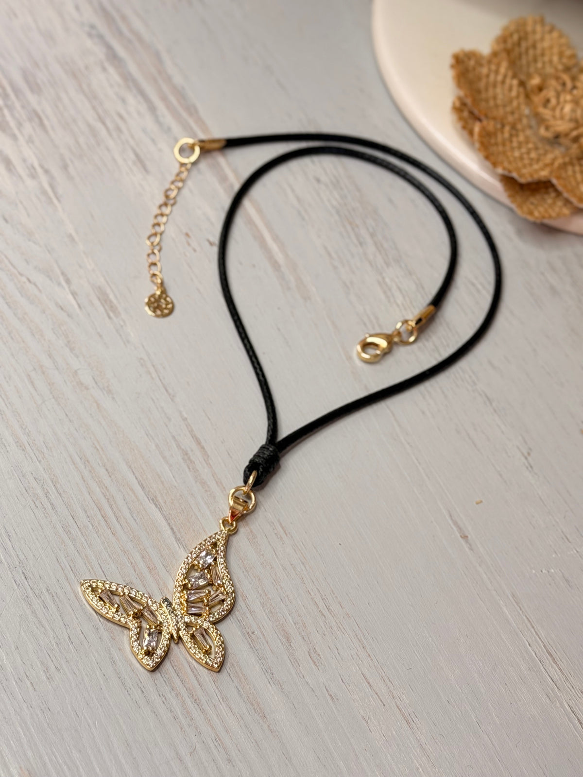 Black Cord Necklace- Choker With Crystal Butterfly Pendant