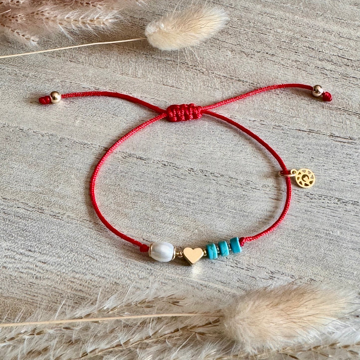 Adjustable Heart & Pearl Bracelet with Turquoises