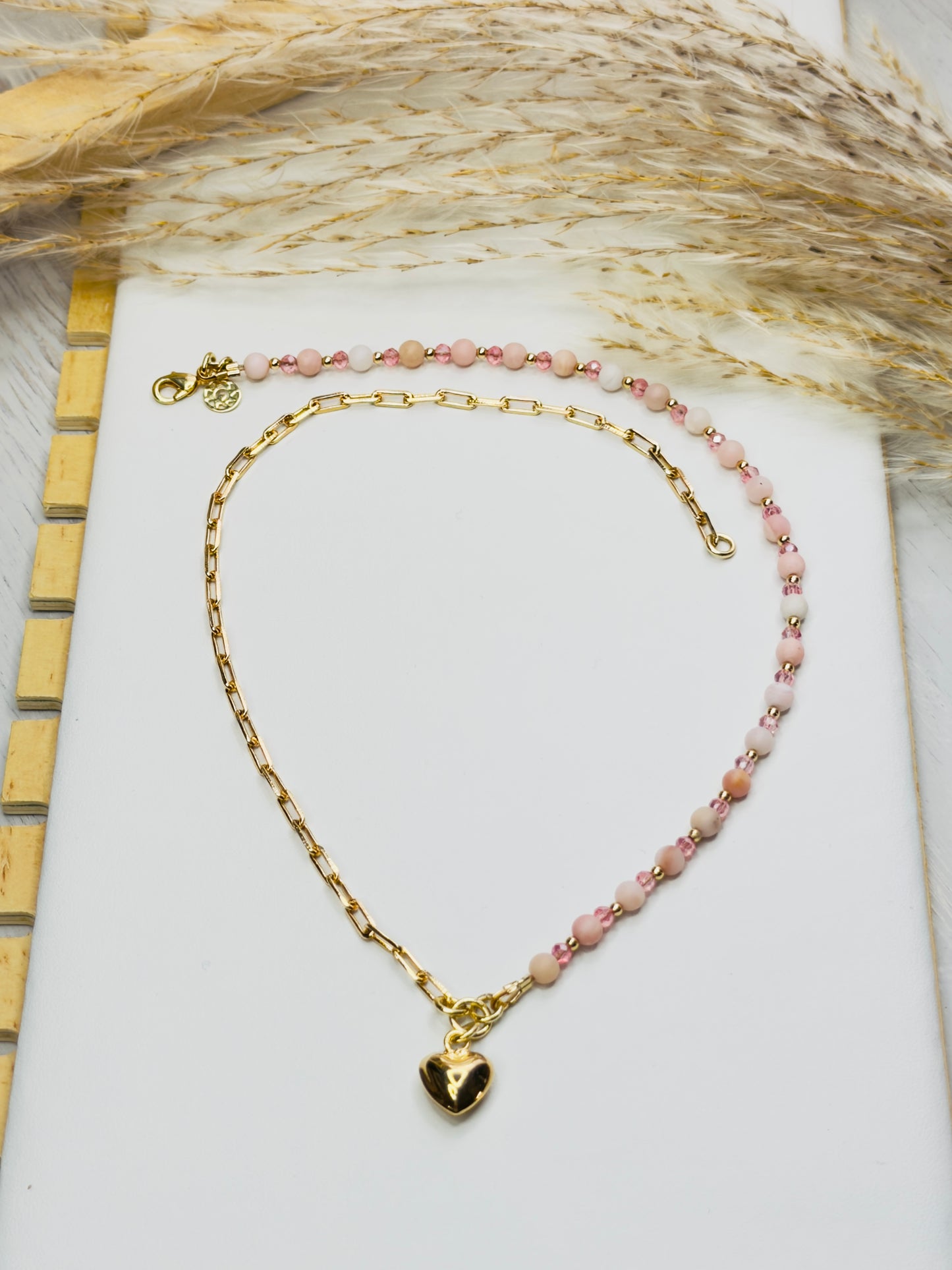 Half Pink Opal Beads & Half Chain Necklace