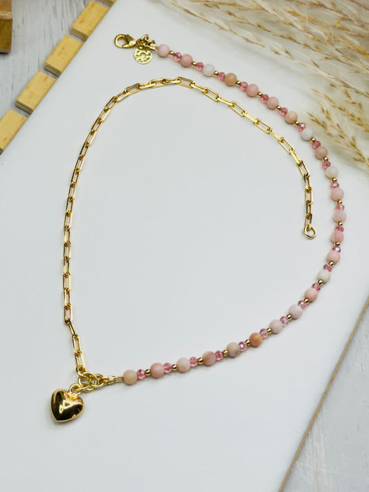 Half Pink Opal Beads & Half Chain Necklace