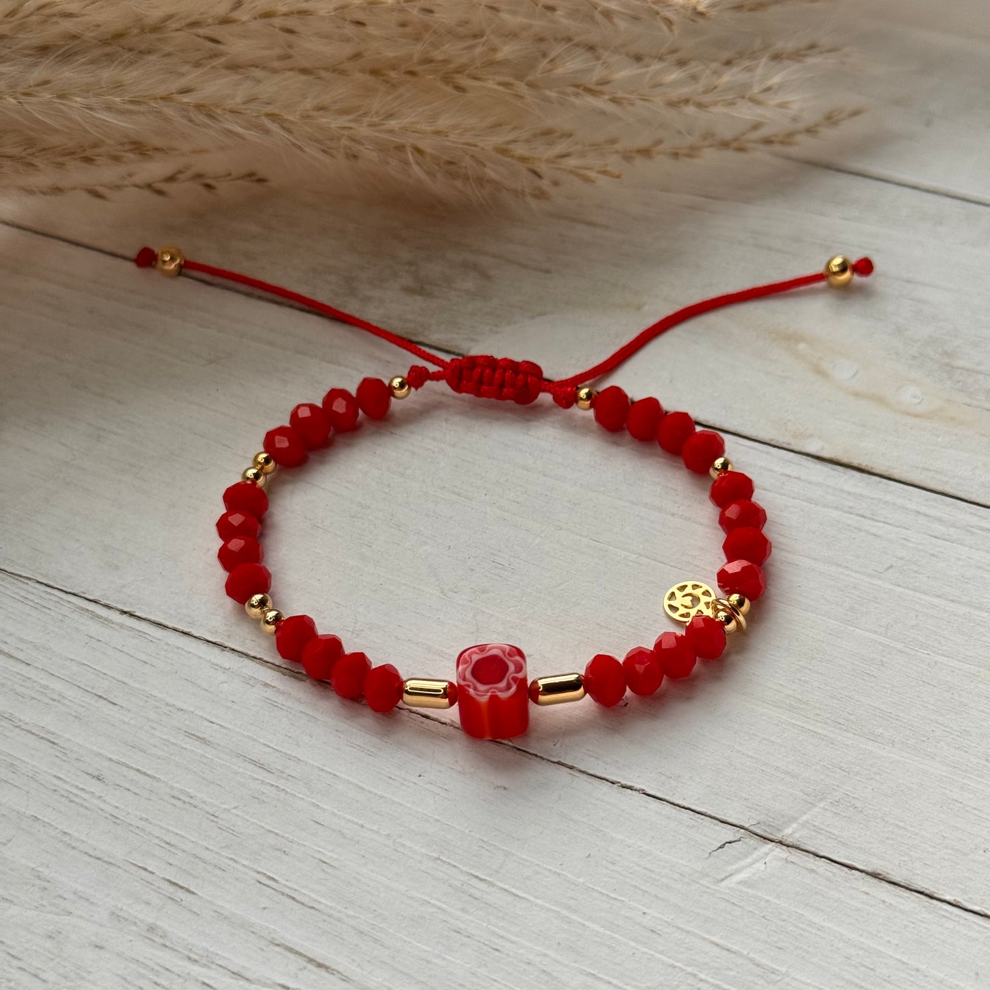 Red Adjustable Crystal Bracelet w/ Flower Charm