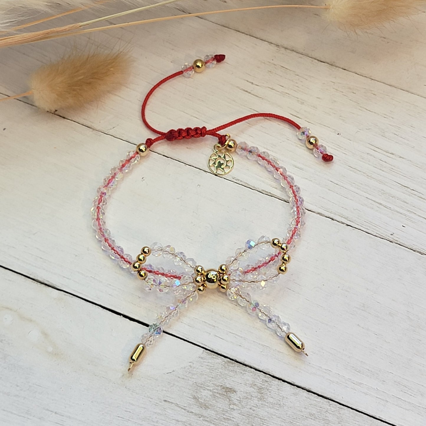 Adjustable Bow Crystal Bracelet with Red Cord