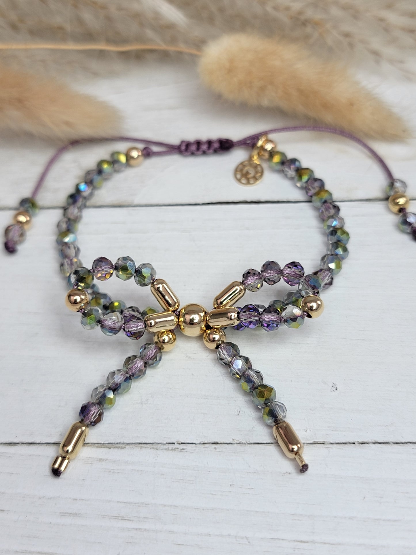 Adjustable Bow Crystal Bracelet with Purple Cord