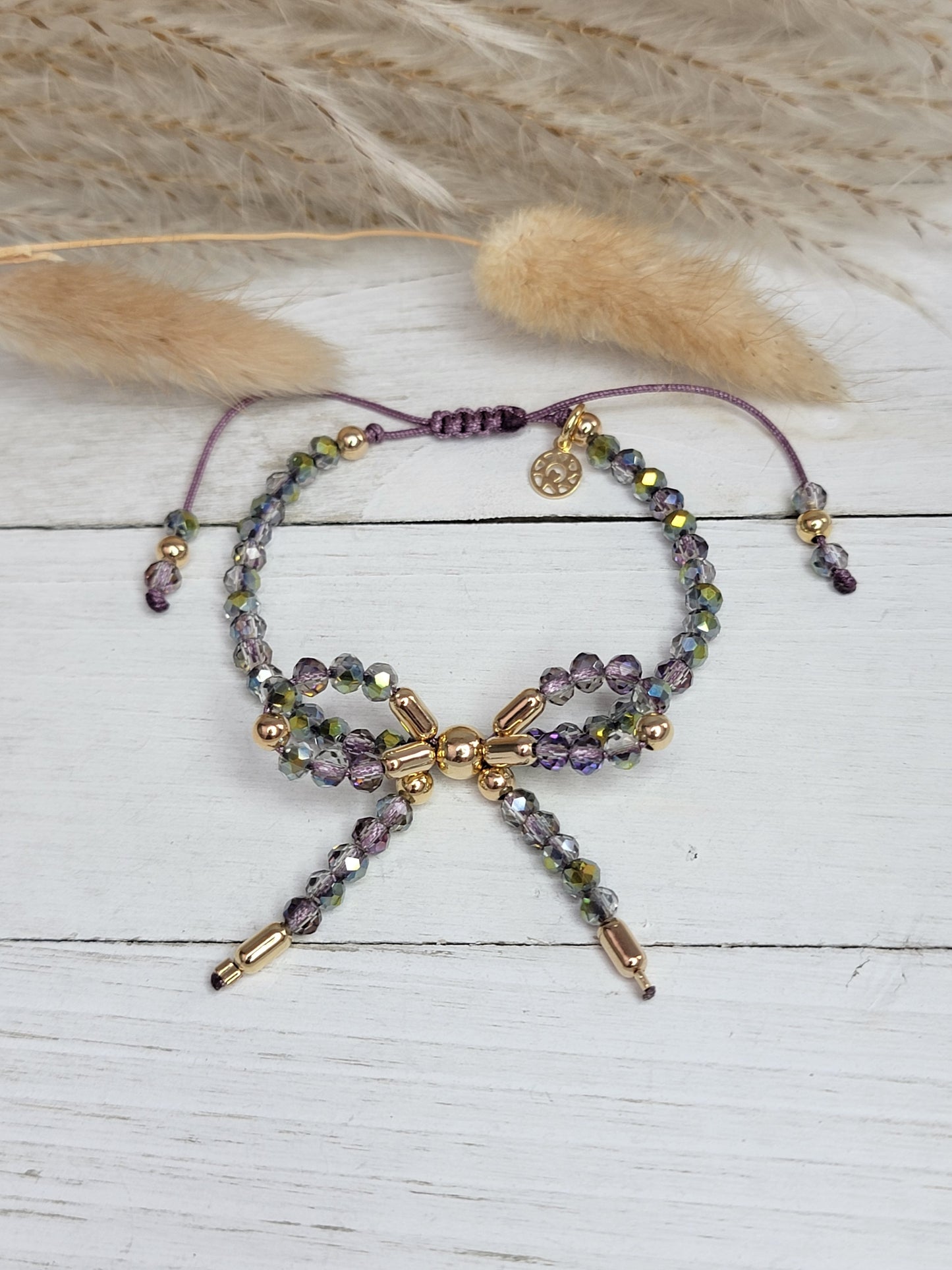 Adjustable Bow Crystal Bracelet with Purple Cord