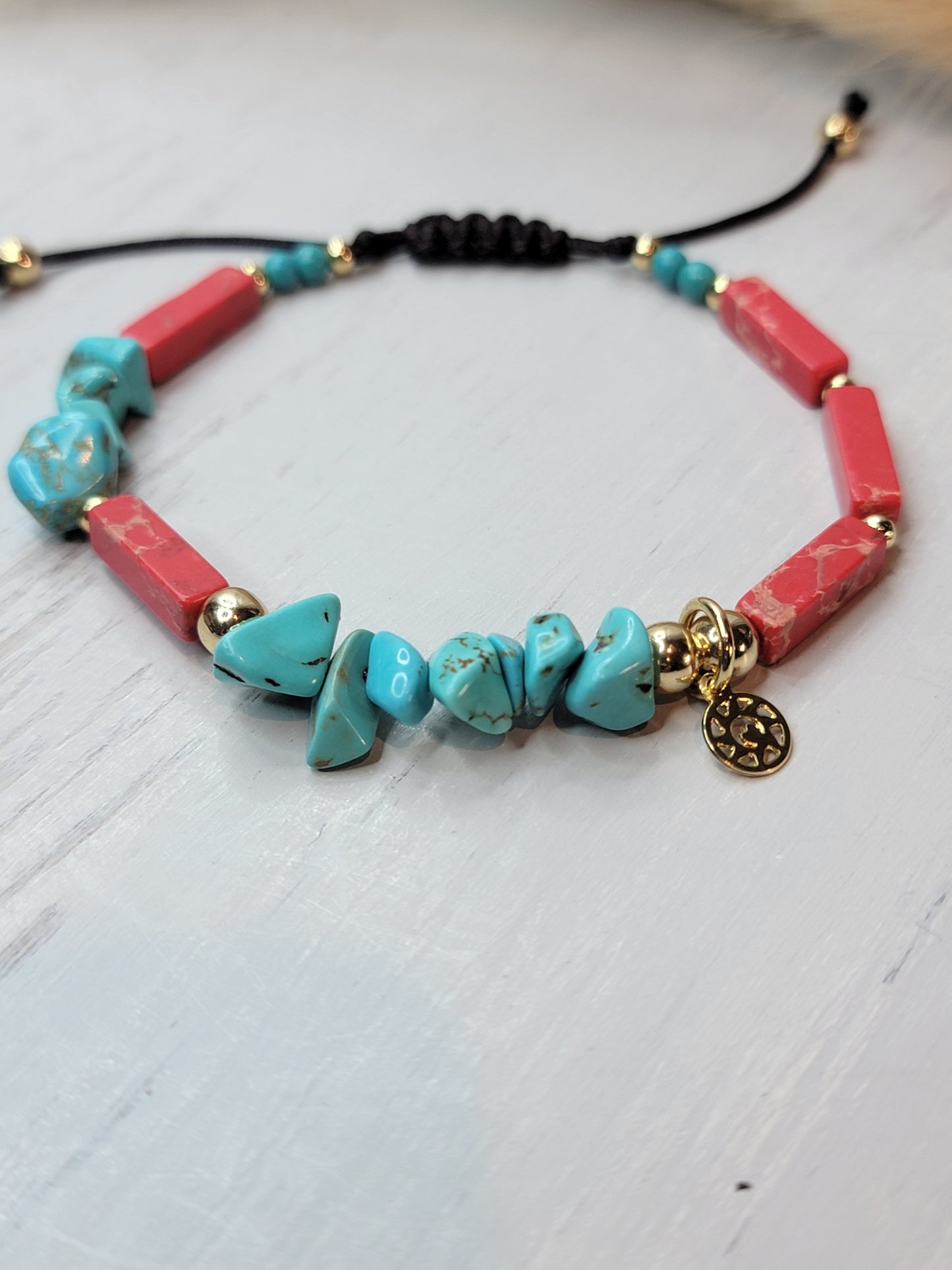 Turquoise Irregular Chip & Red Stone Bracelet