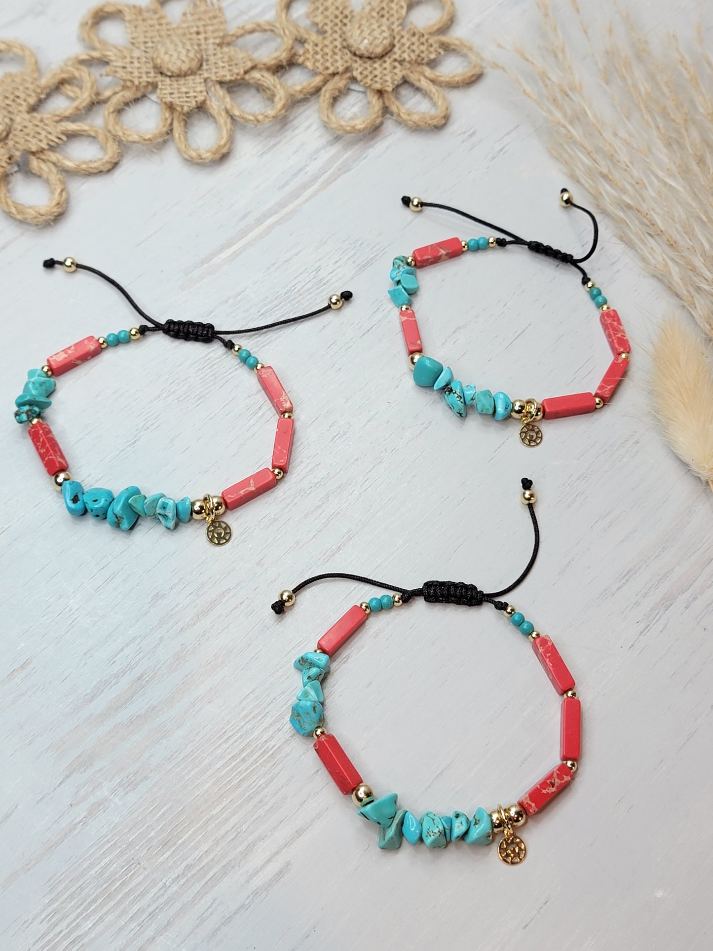 Turquoise Irregular Chip & Red Stone Bracelet