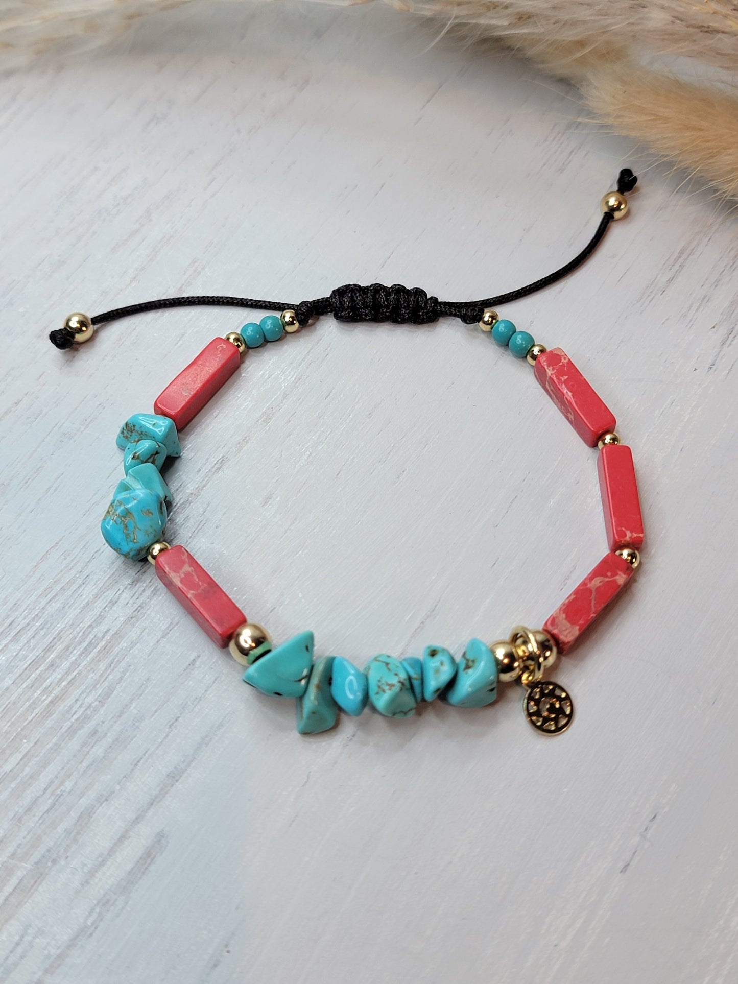 Turquoise Irregular Chip & Red Stone Bracelet