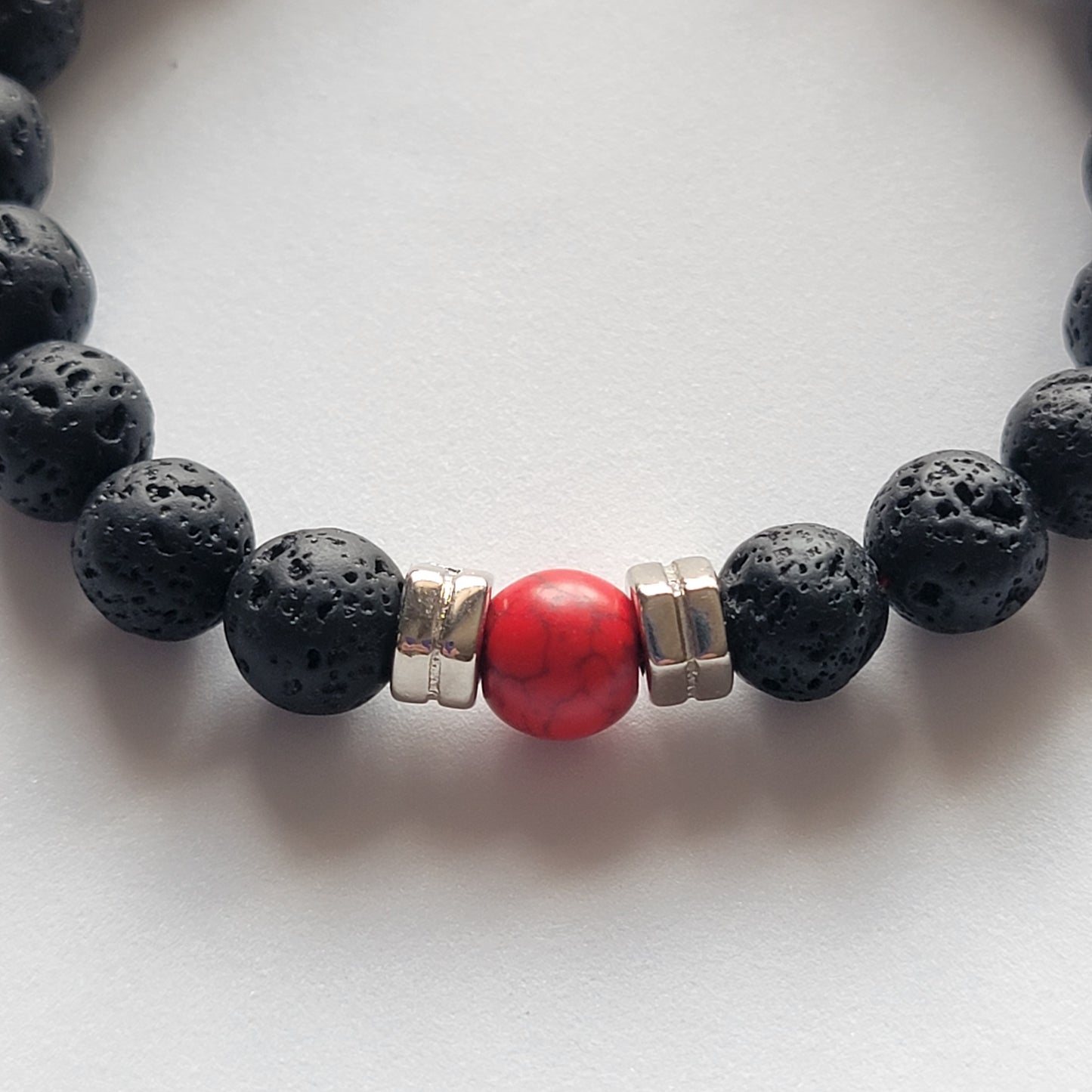 Black Lava Stone Beaded Bracelet for Men, Red Bead and Silver Details!
