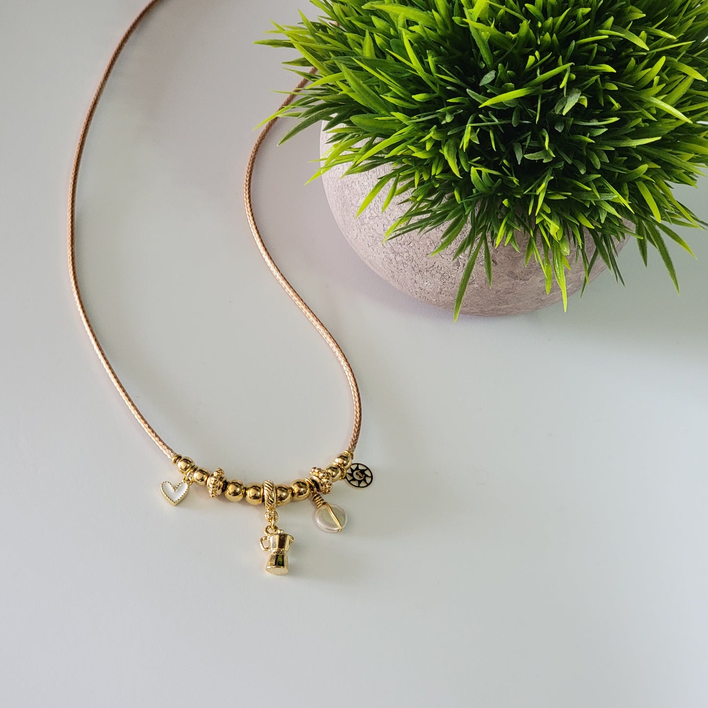 Necklace with 18k Gold-Filled Coffee Maker Charm and Beads, White Heart and Flat Pearl.