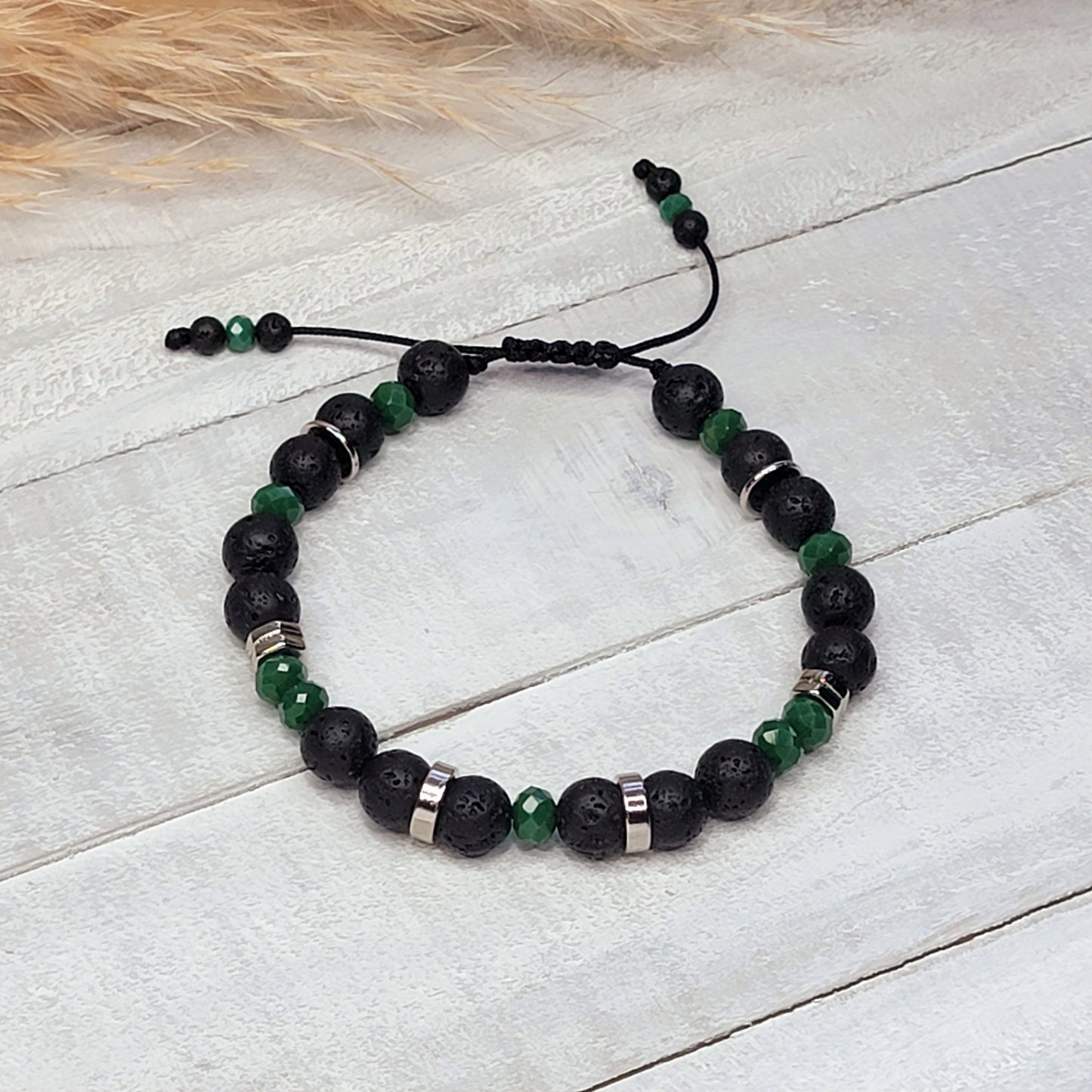 Black Lava & Crystals Bracelet With Silver Details