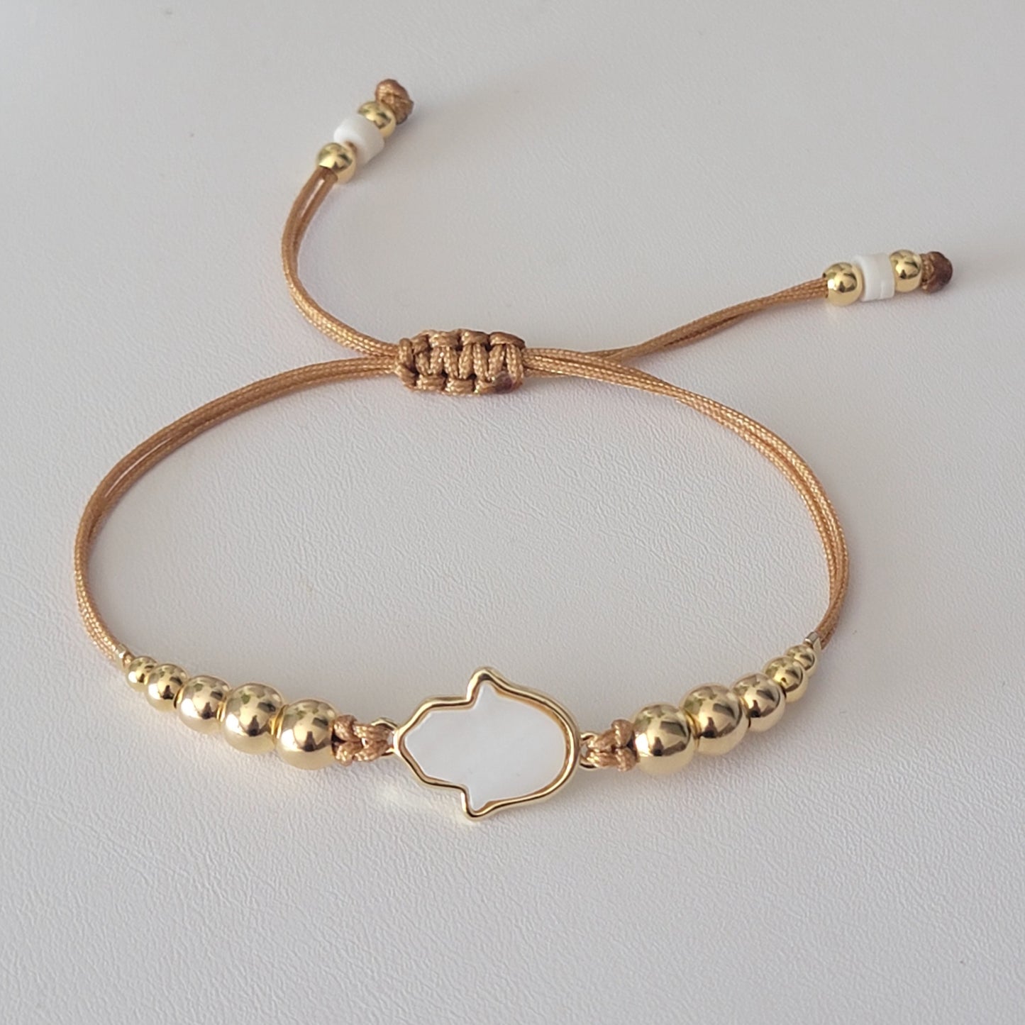 Nacre Hamsa Hand Bracelet. 18k Gold-Filled Beads | Cord Available in Many Colors