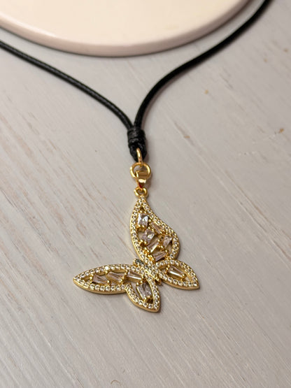 Black Cord Necklace- Choker With Crystal Butterfly Pendant