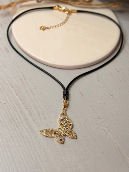 Black Cord Necklace- Choker With Crystal Butterfly Pendant