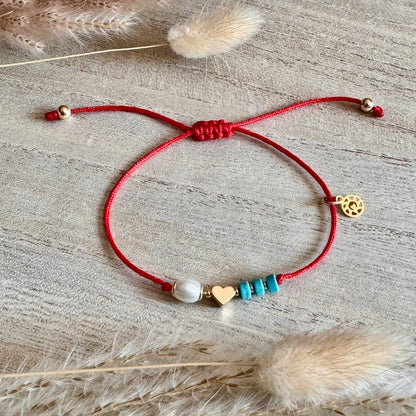 Adjustable Heart & Pearl Bracelet with Turquoises