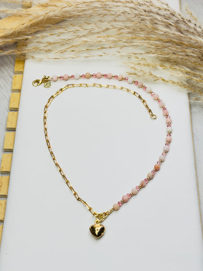 Half Pink Opal Beads & Half Chain Necklace
