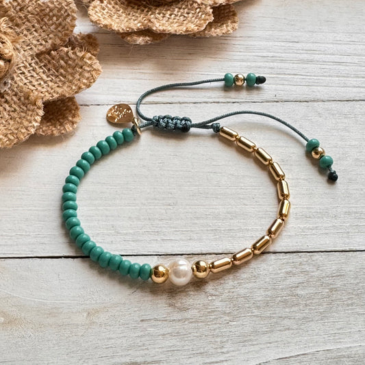 Adjustable Bracelet with 18k Gold-filled Oval Beads, Beads and Freshwater Pearl. Many Colors Available