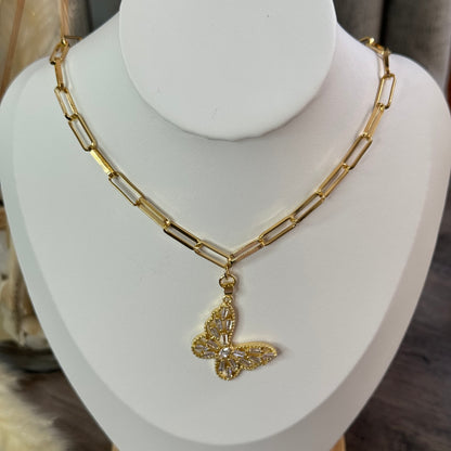 Paperclip Crystal Butterfly Necklace