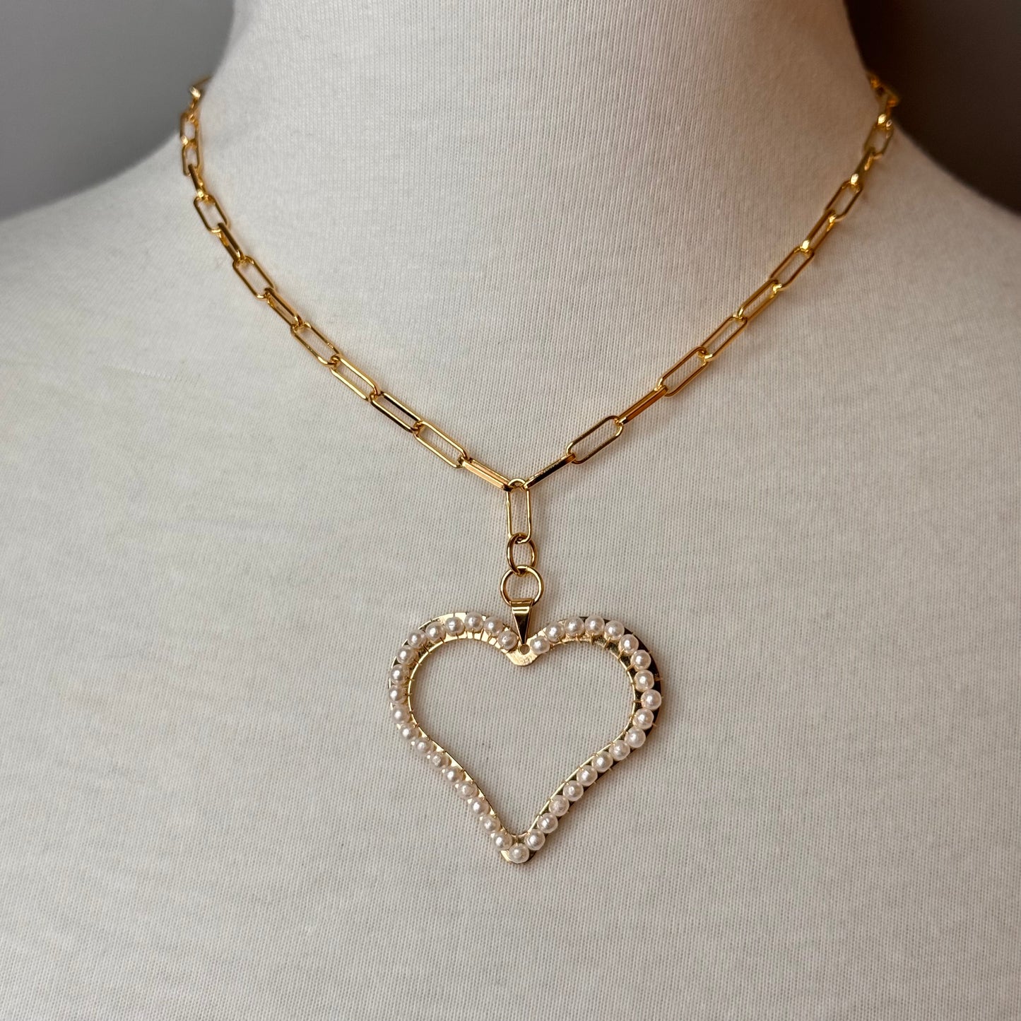 Paperclip Chain & Pearl Heart Pendant
