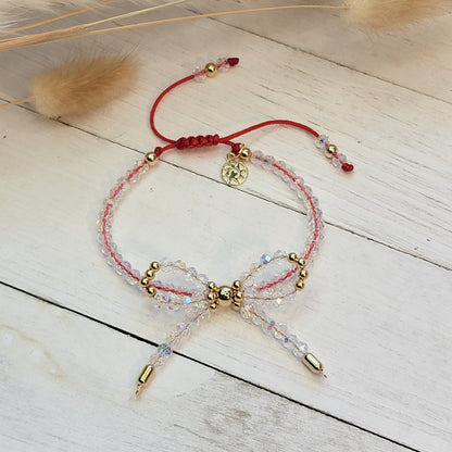 Adjustable Bow Crystal Bracelet with Red Cord