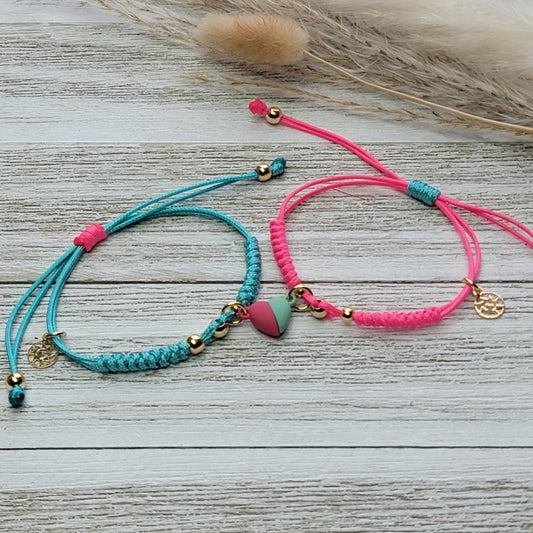 Hot Pink & Turquoise Heart Magnet Bracelet Set of 2 Adults/Kids