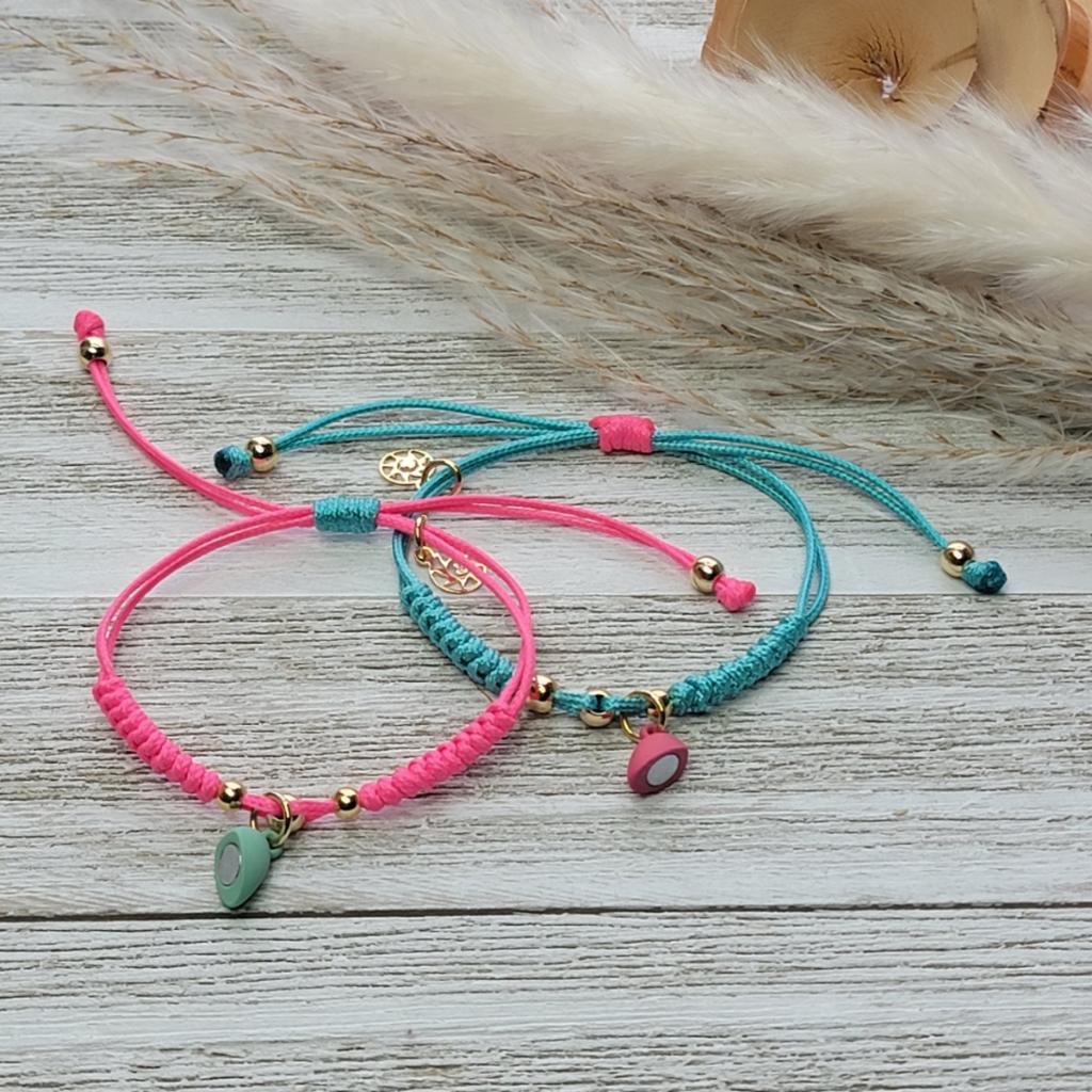 Hot Pink & Turquoise Heart Magnet Bracelet Set of 2 Adults/Kids