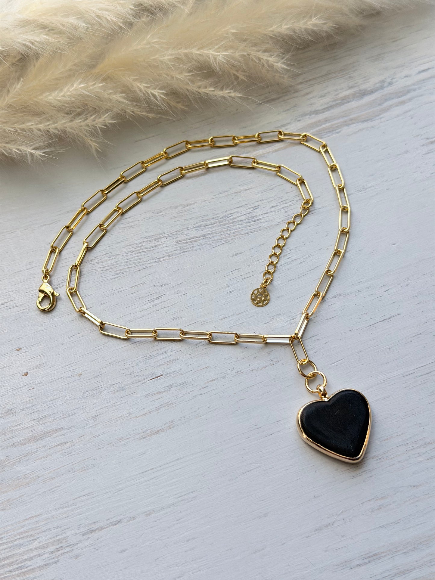 Black Azabache Heart Pendant Paperclip Necklace