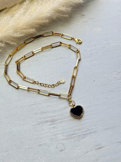 Black Azabache Heart Pendant Paperclip Necklace