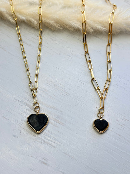 Black Azabache Heart Pendant Paperclip Necklace