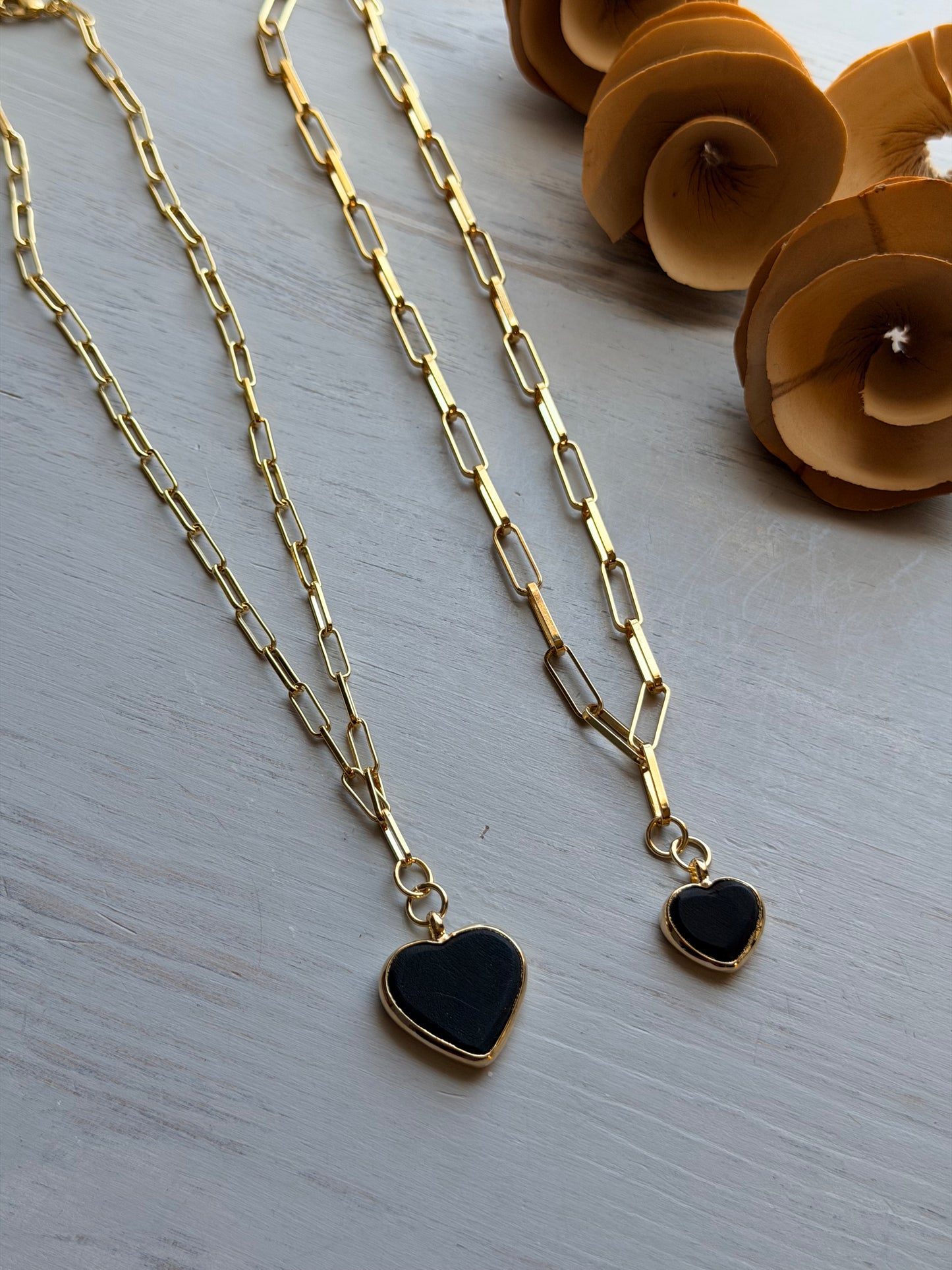 Black Azabache Heart Pendant Paperclip Necklace