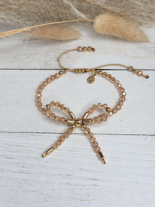 Adjustable Bow Crystal Bracelet with Beige Cord