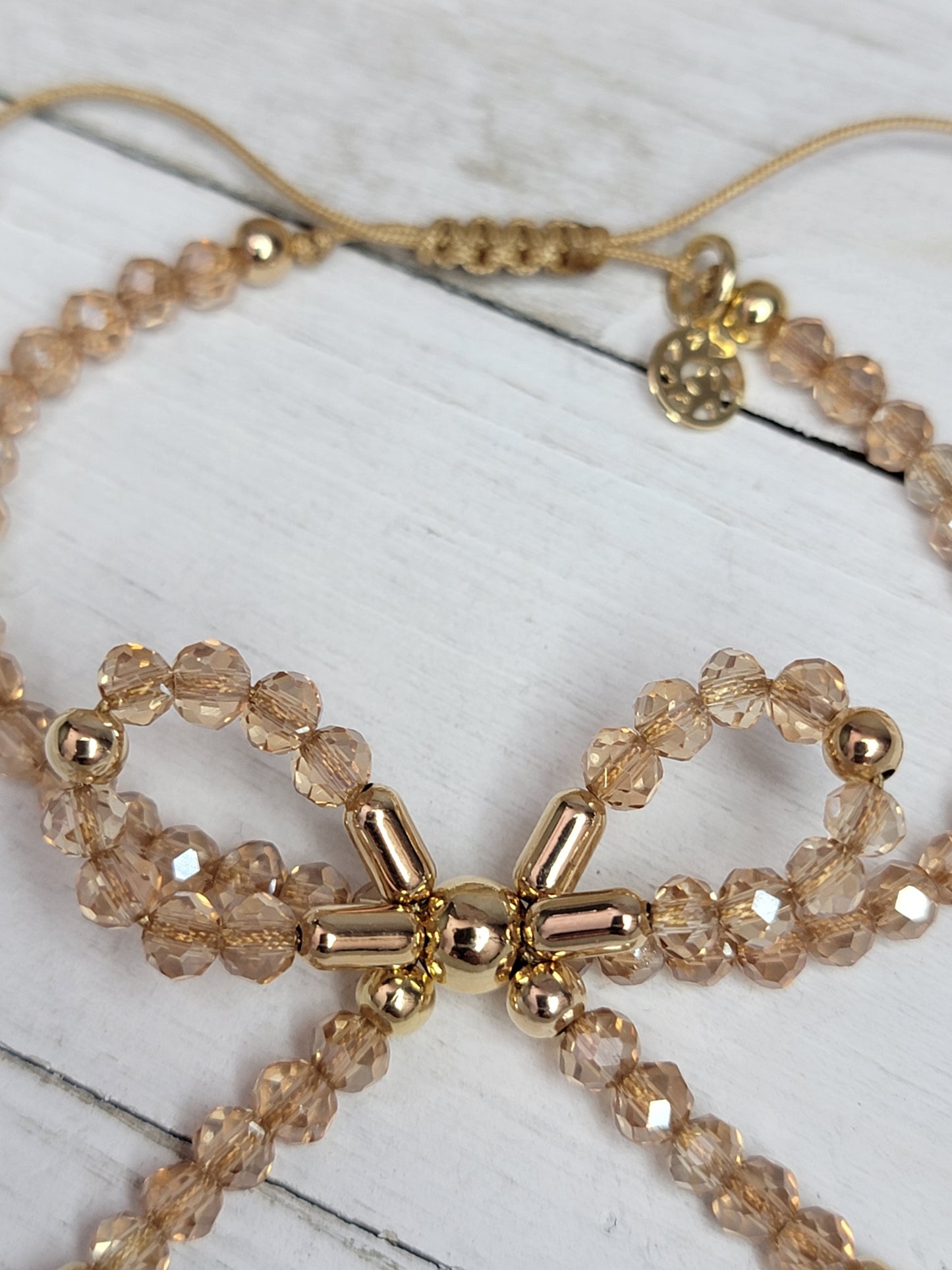 Adjustable Bow Crystal Bracelet with Beige Cord