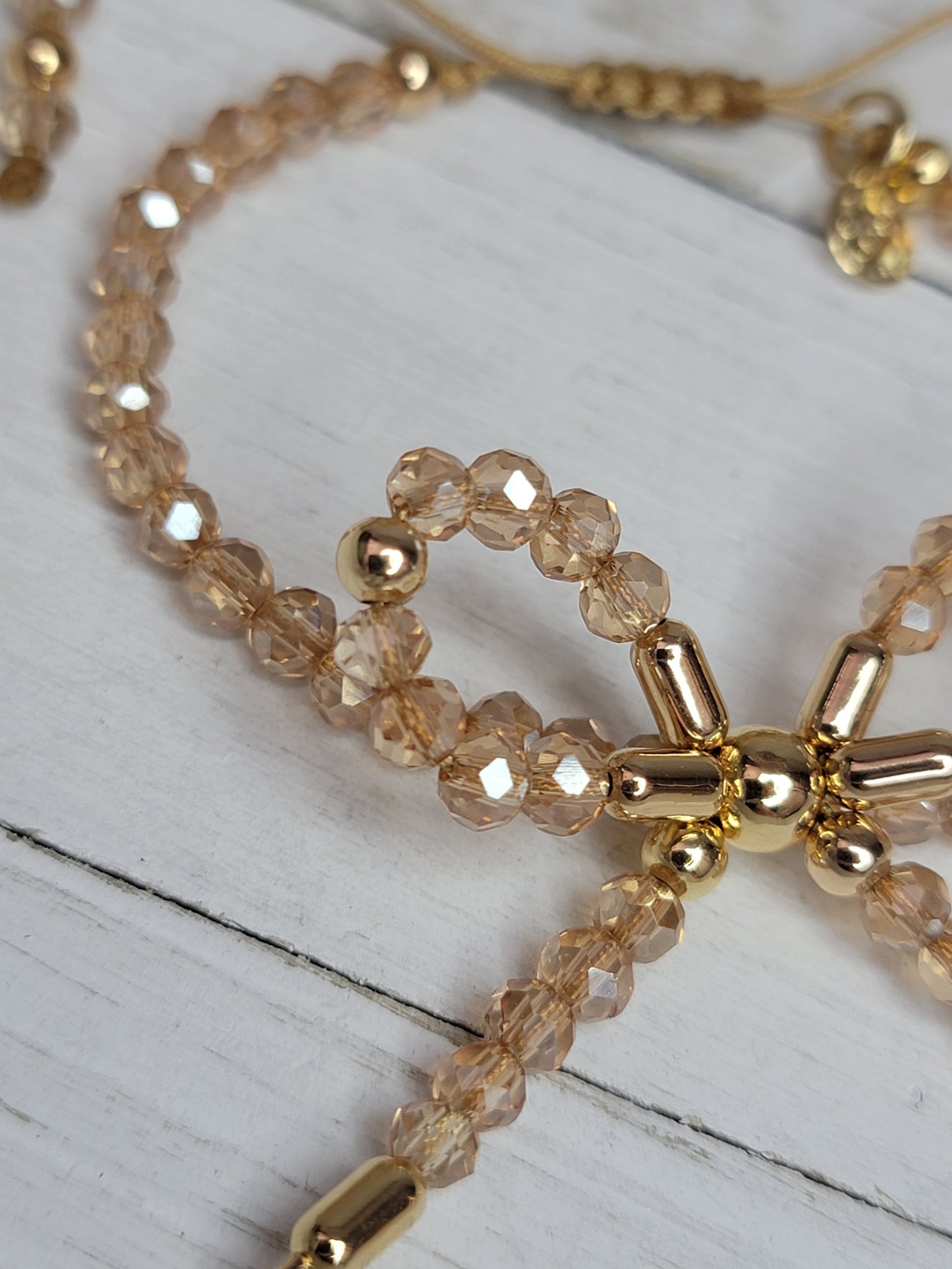 Adjustable Bow Crystal Bracelet with Beige Cord