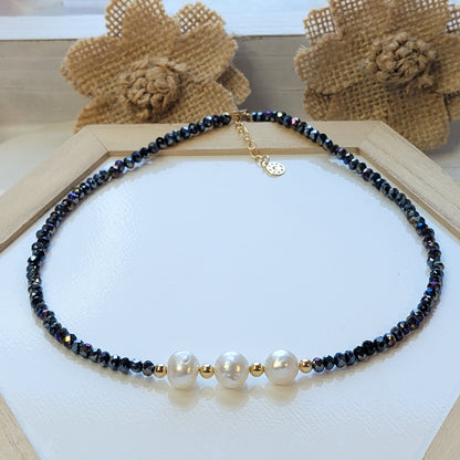 Translucent Black or Gray Choker - Crystals and Freshwater Pearls