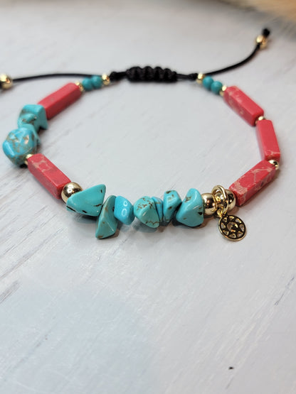 Turquoise Irregular Chip & Red Stone Bracelet