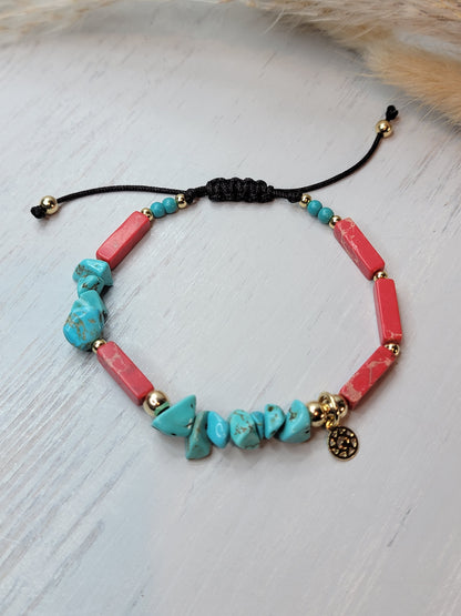 Turquoise Irregular Chip & Red Stone Bracelet