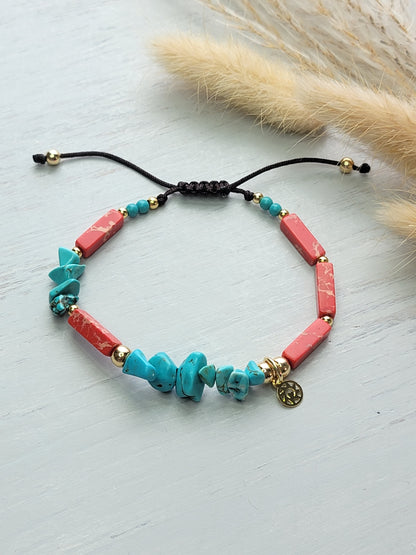 Turquoise Irregular Chip & Red Stone Bracelet