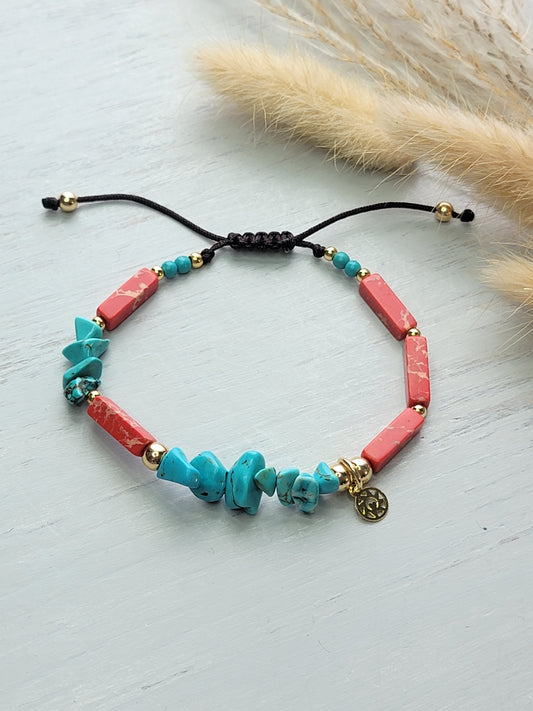 Turquoise Irregular Chip & Red Stone Bracelet
