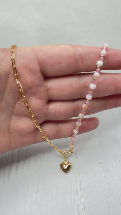 Half Pink Opal Beads & Half Chain Necklace