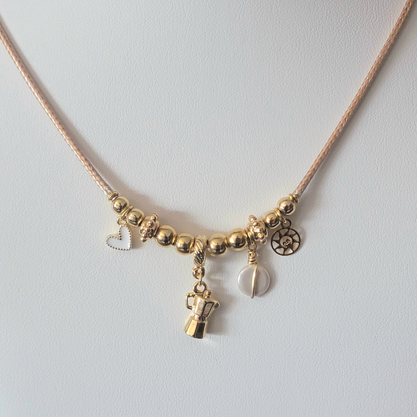 Necklace with 18k Gold-Filled Coffee Maker Charm and Beads, White Heart and Flat Pearl.