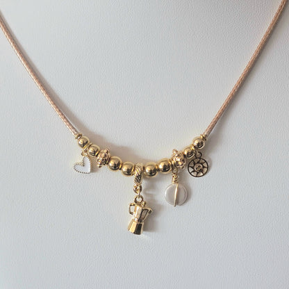 Necklace with 18k Gold-Filled Coffee Maker Charm and Beads, White Heart and Flat Pearl.