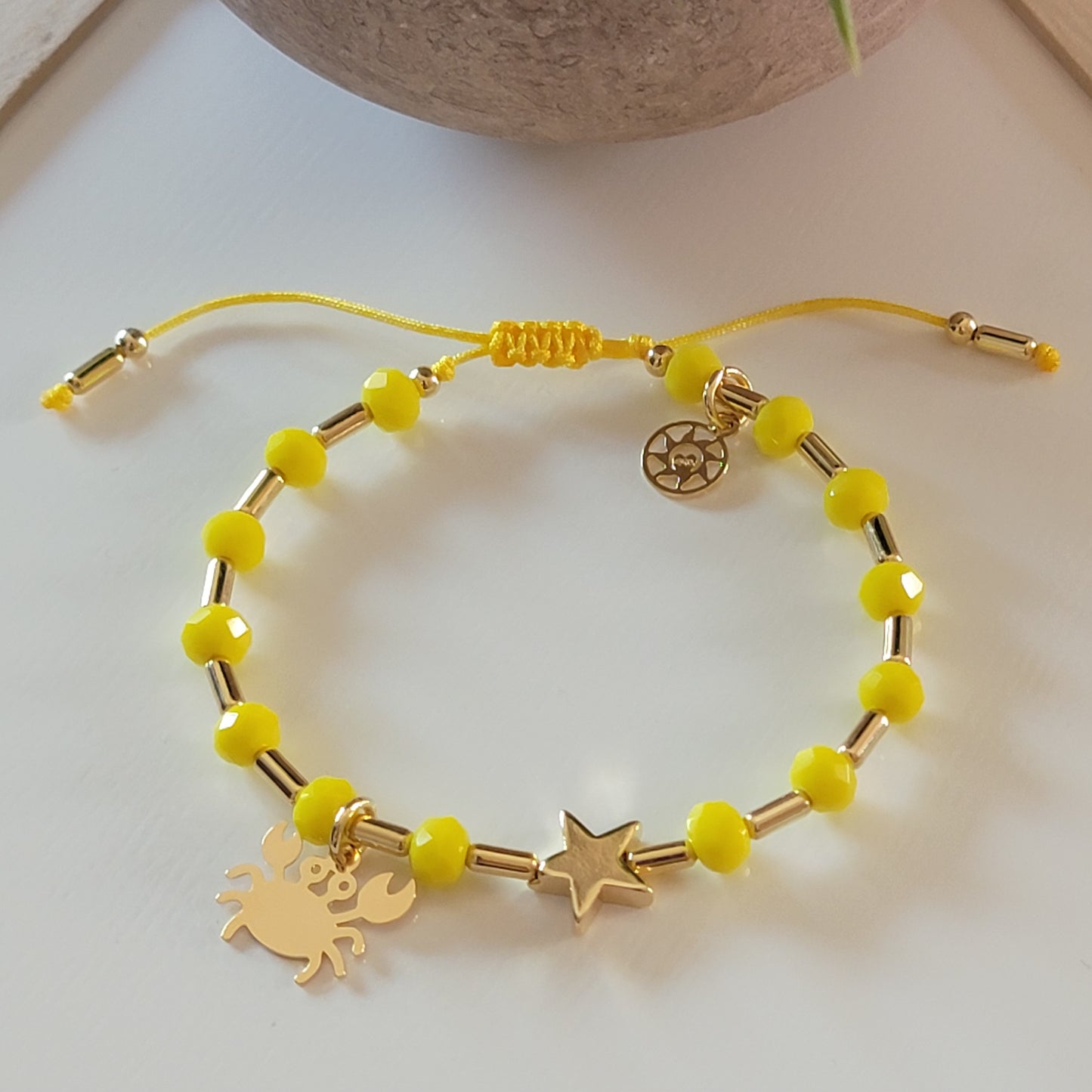 Crab and Star Bracelet, Yellow Crystals and 18K Gold-Filled Charms, Tube Beads, and Details