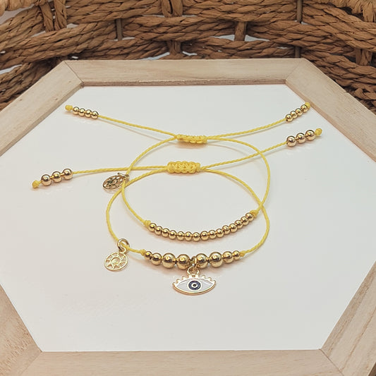 Set of 2 Bracelets With 18K Gold-filled Beads, Evil Eye Charm, Mix & Match Colors