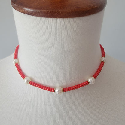 Red Beaded Choker Necklace With Freshwater Pearls