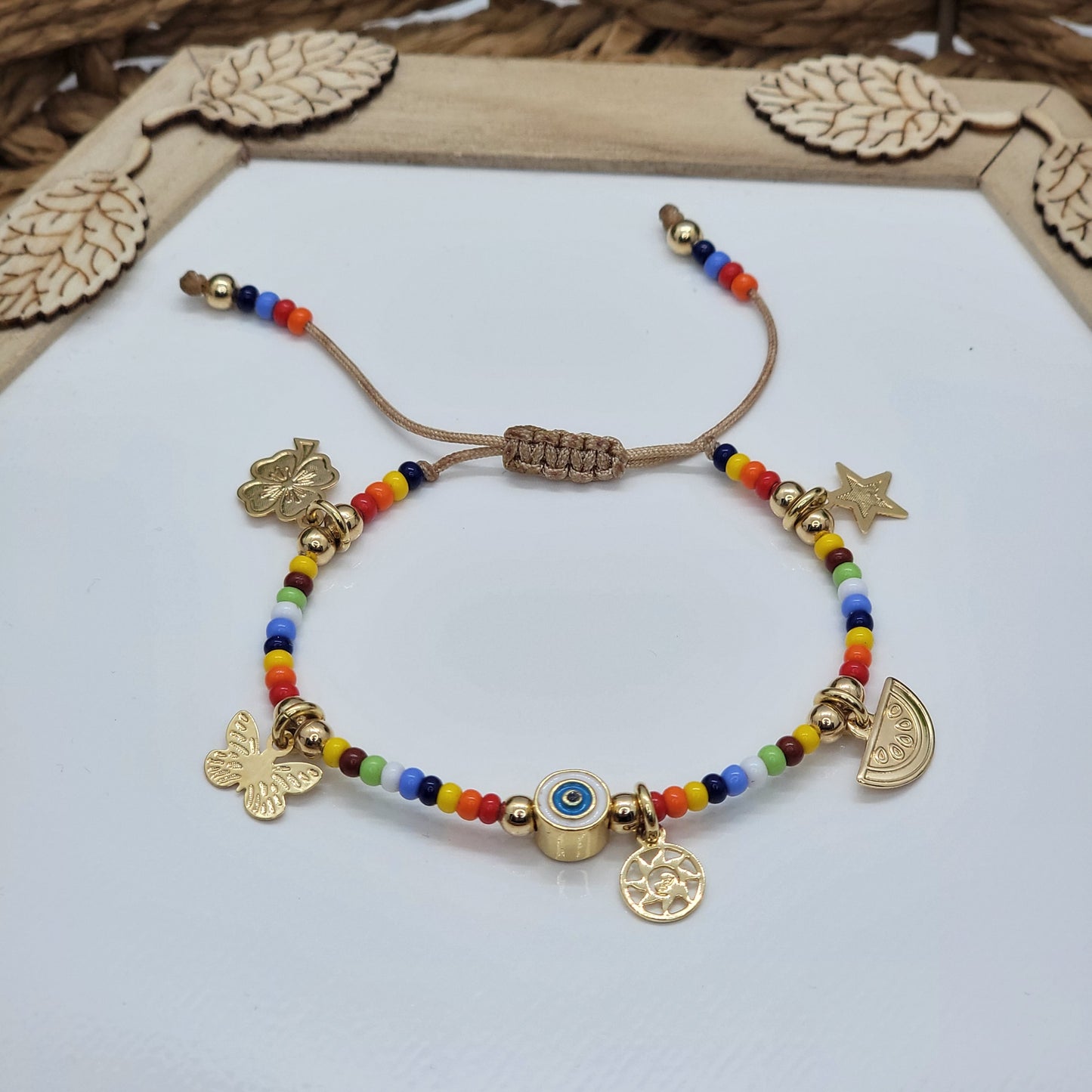Multicolor Handmade Adjustable Beaded Evil Eye Bracelet with 18k Goldfilled Charms