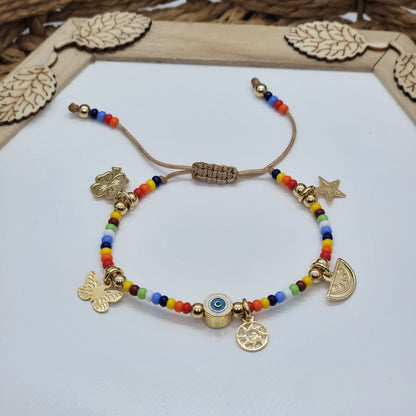 Multicolor Handmade Adjustable Beaded Evil Eye Bracelet with 18k Goldfilled Charms
