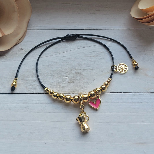 Handmade Adjustable Bracelet with 18k Goldfilled Beads, Coffee Maker and Heart Charm
