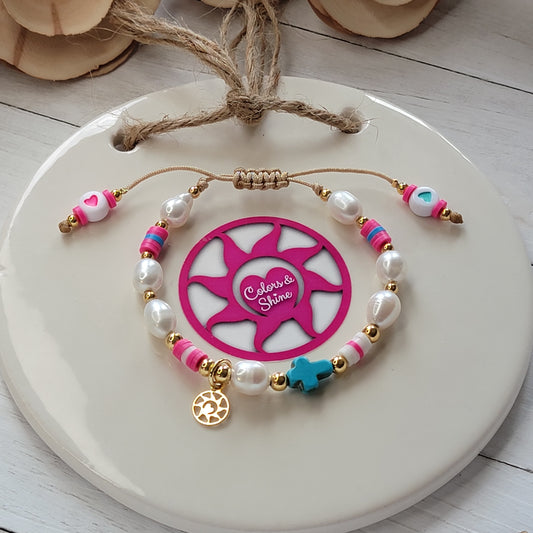 Handmade Colorful Disc Bead Bracelet with Freshwater Pearls and Turquoise Cross
