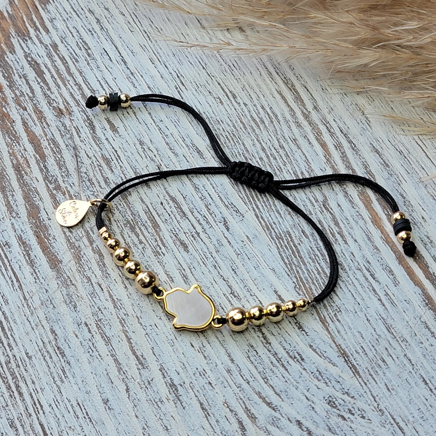 Nacre Hamsa Hand Bracelet. 18k Gold-Filled Beads | Cord Available in Many Colors