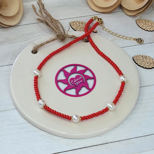 Red Beaded Choker Necklace With Freshwater Pearls