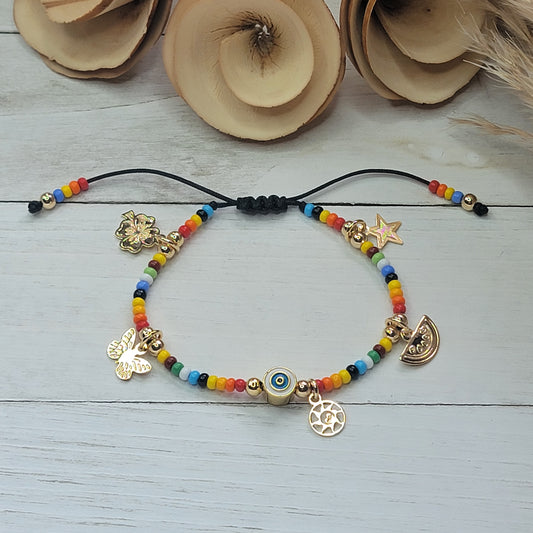 Multicolor Handmade Adjustable Beaded Evil Eye Bracelet with 18k Goldfilled Charms